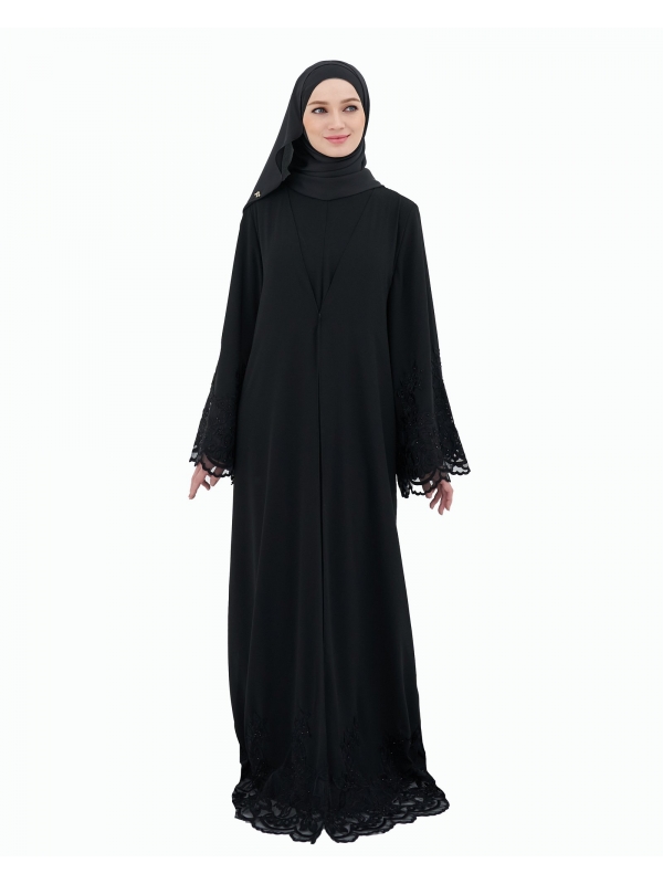 NOUR CRYSTAL LACE ABAYA - BLACK
