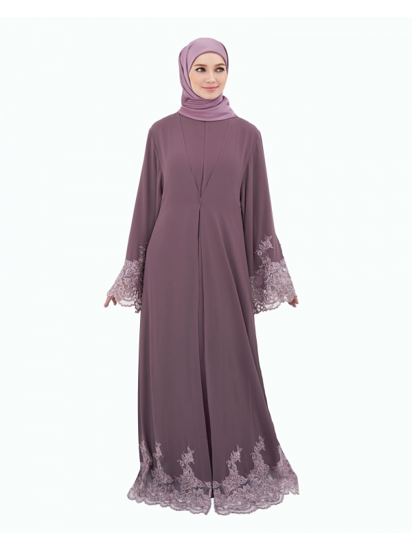 NOUR CRYSTAL LACE ABAYA - PRUNE PURPLE