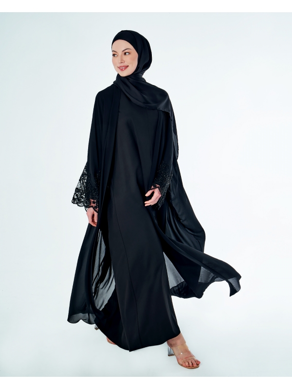 JAMEELA TWO PIECE LACE ABAYA - BLACK