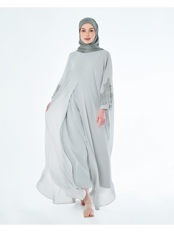 WARDAH LACE CHIFFON ABAYA - CLOUD GREY