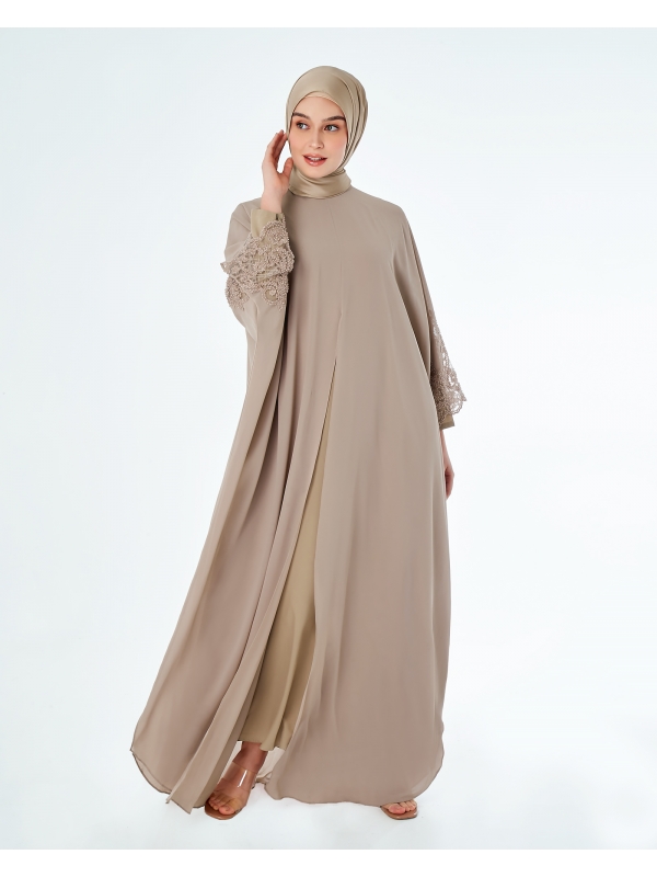 WARDAH LACE CHIFFON ABAYA - TAUPE