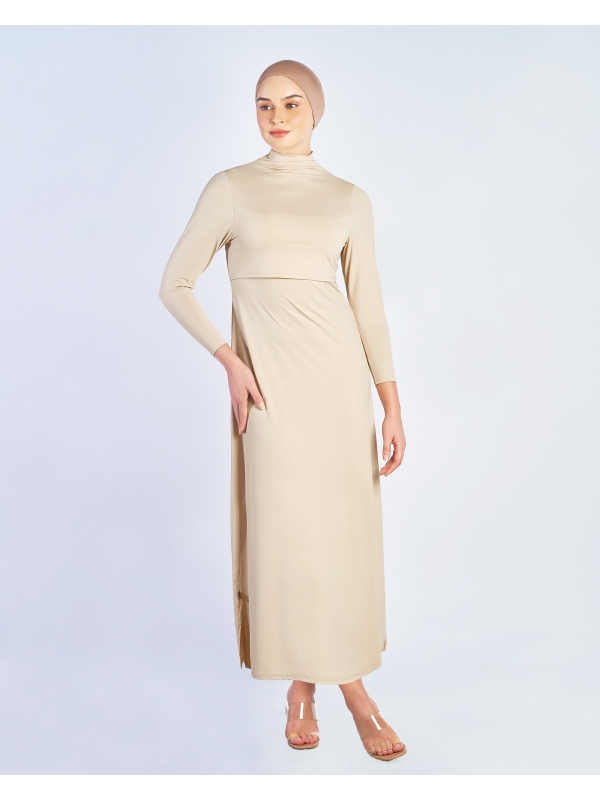 NWEAR HIGH NECK LONG SLEEVE DRESS - NUDE