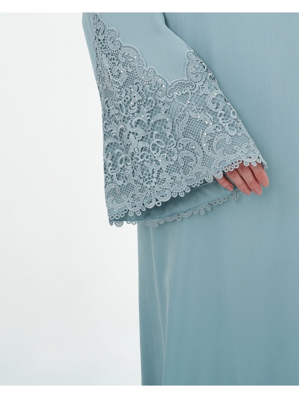 LARA CREPE LACE ABAYA - STEEL BLUE