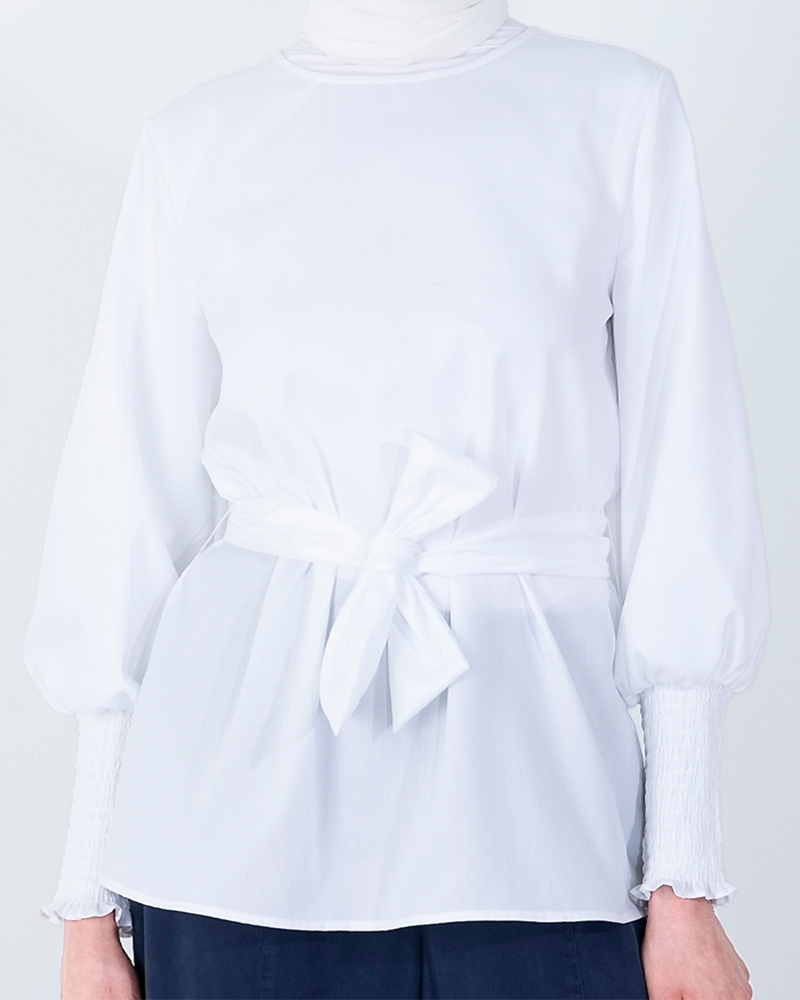 THE SMOCKING CUFFS COTTON TOP-BRIGHT WHITE