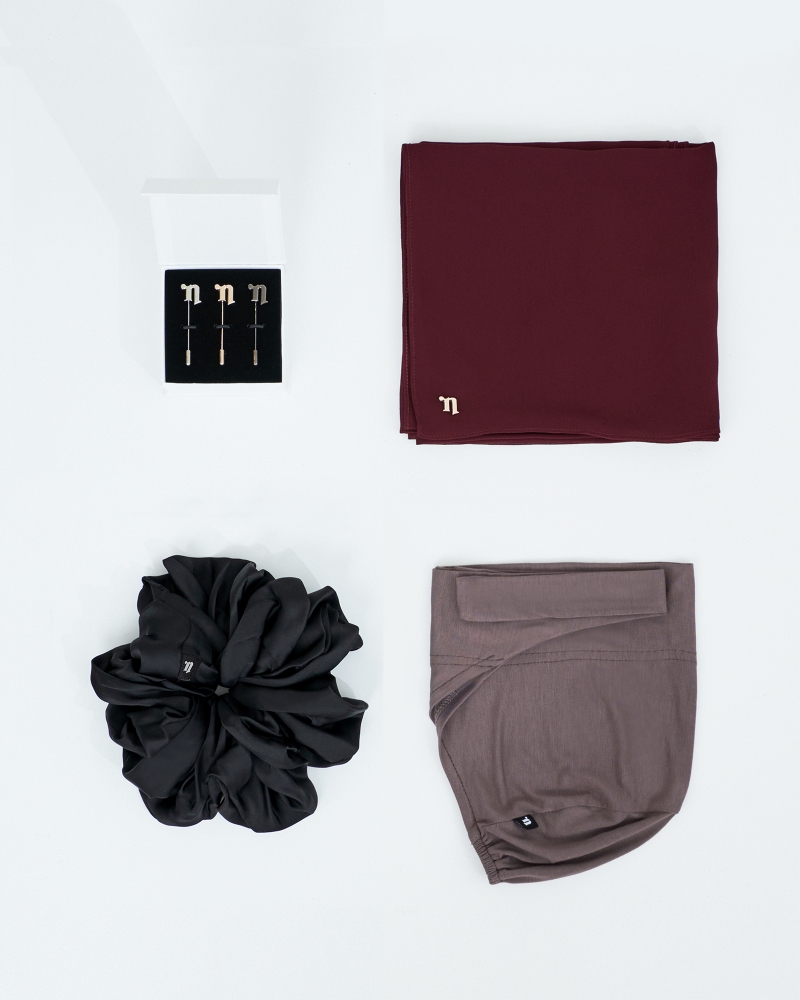 FIRST HIJAB KIT - MISORA CHIFFON SEMI-INSTANT - DARK BLOOD RED
