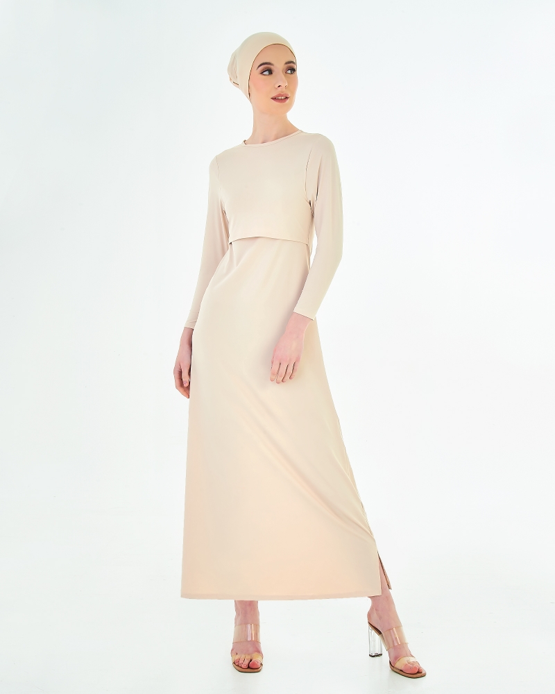 NWEAR CREW NECK LONG SLEEVE DRESS - NUDE