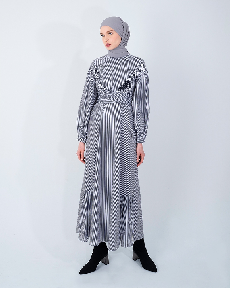 DRAPED TIED COTTON DRESS-STRIPE