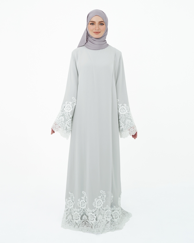 SURI OVERLAP LACE ABAYA - LIGHT GREY