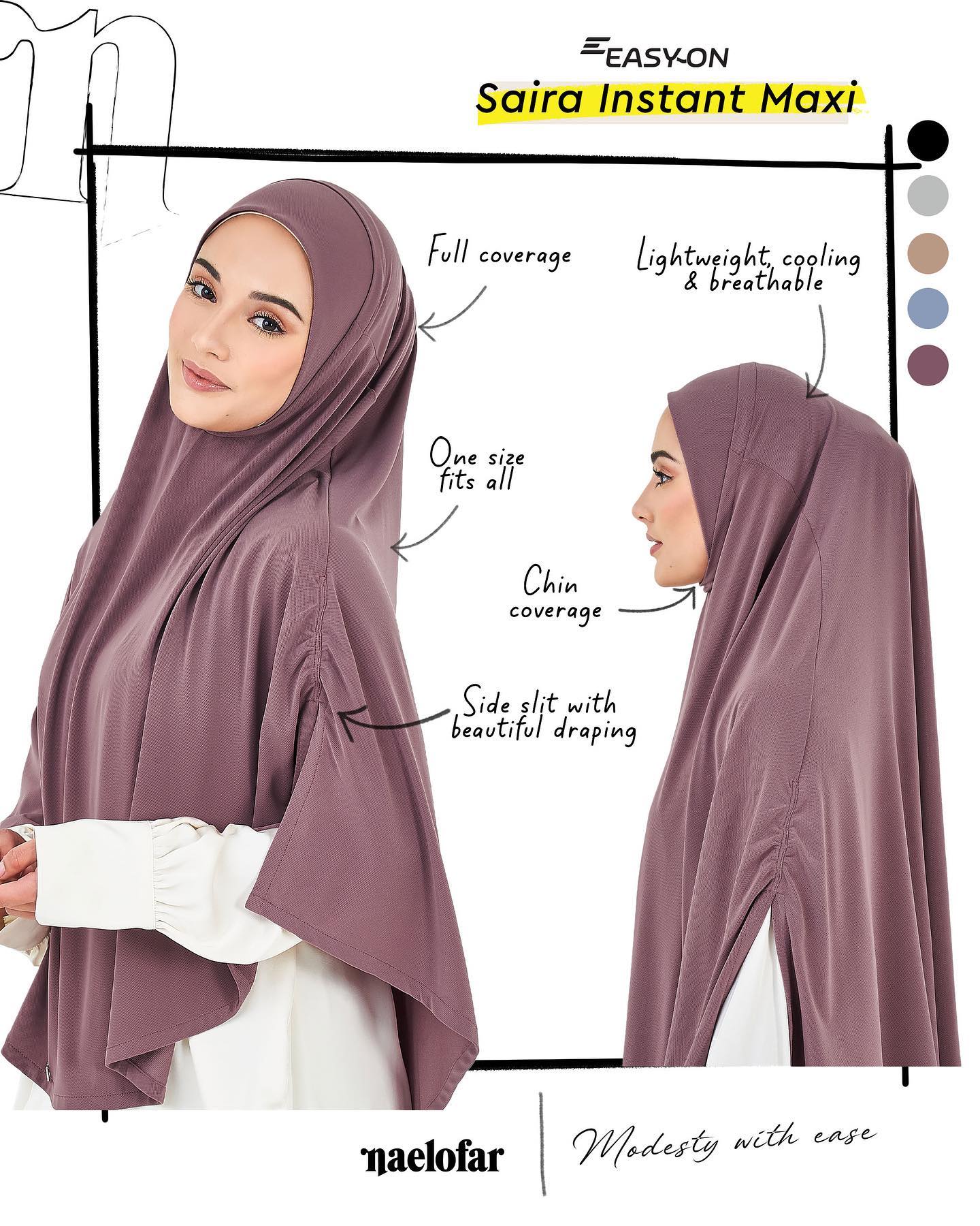 Looking for something flowy, cooling with extra coverage? EasyOn Saira Instant Maxi is made for you. A one-size-fits-all slip-on instant hijab made especially for all our modest ladies. A sister to the much-loved EasyOn Sophia Instant, Saira has a stretchable face opening with an elastic band that fits all face sizes. Tag your husband to belanja you 1 or 5 or maybe allll because, why not? 💁‍♀️ <br/>
<br/>
#new #easyon #hijabinstant